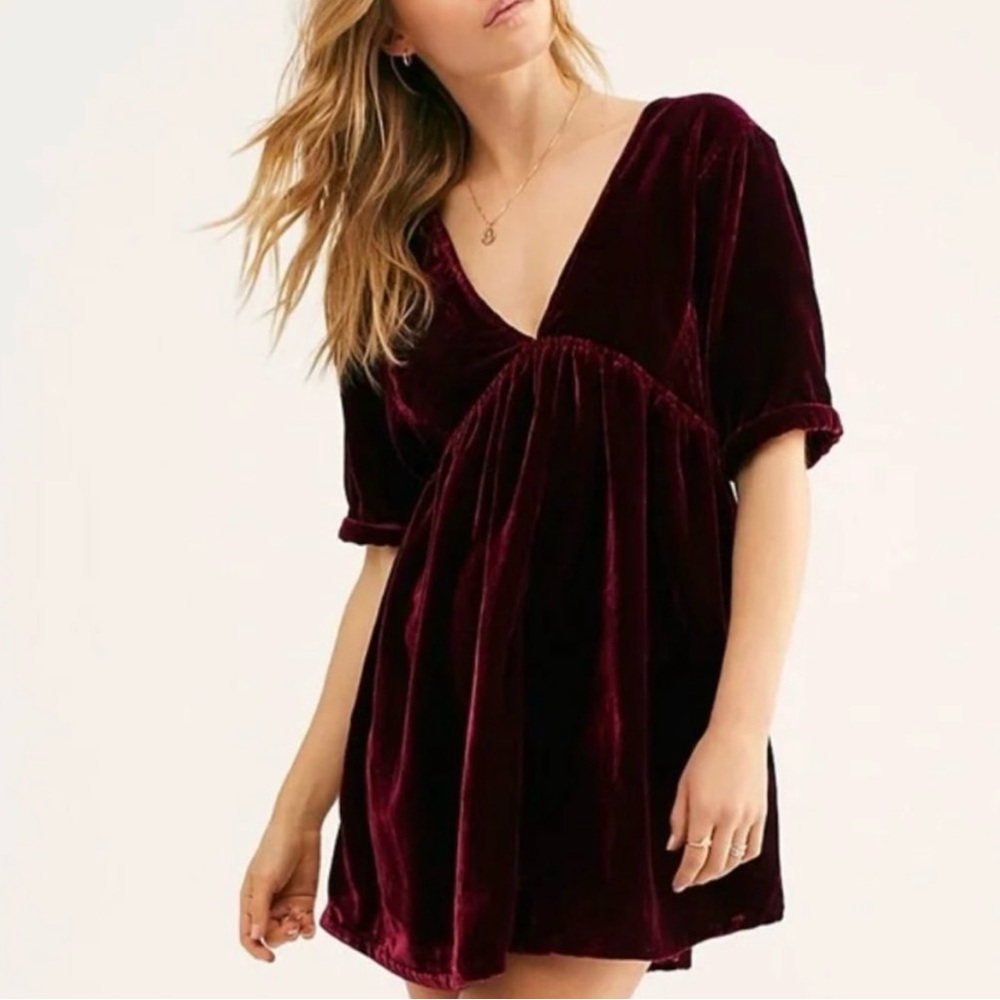 Free People Velvet Mini Dress in Deep Burgundy